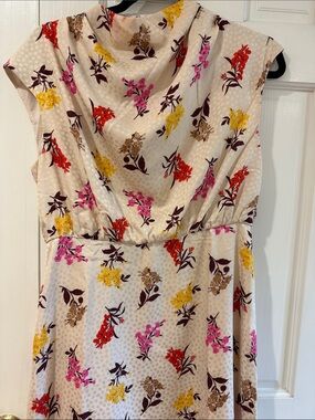 Ann Taylor Ivory Midi Dress with Pink, Yellow, Red & Brown Floral Print
